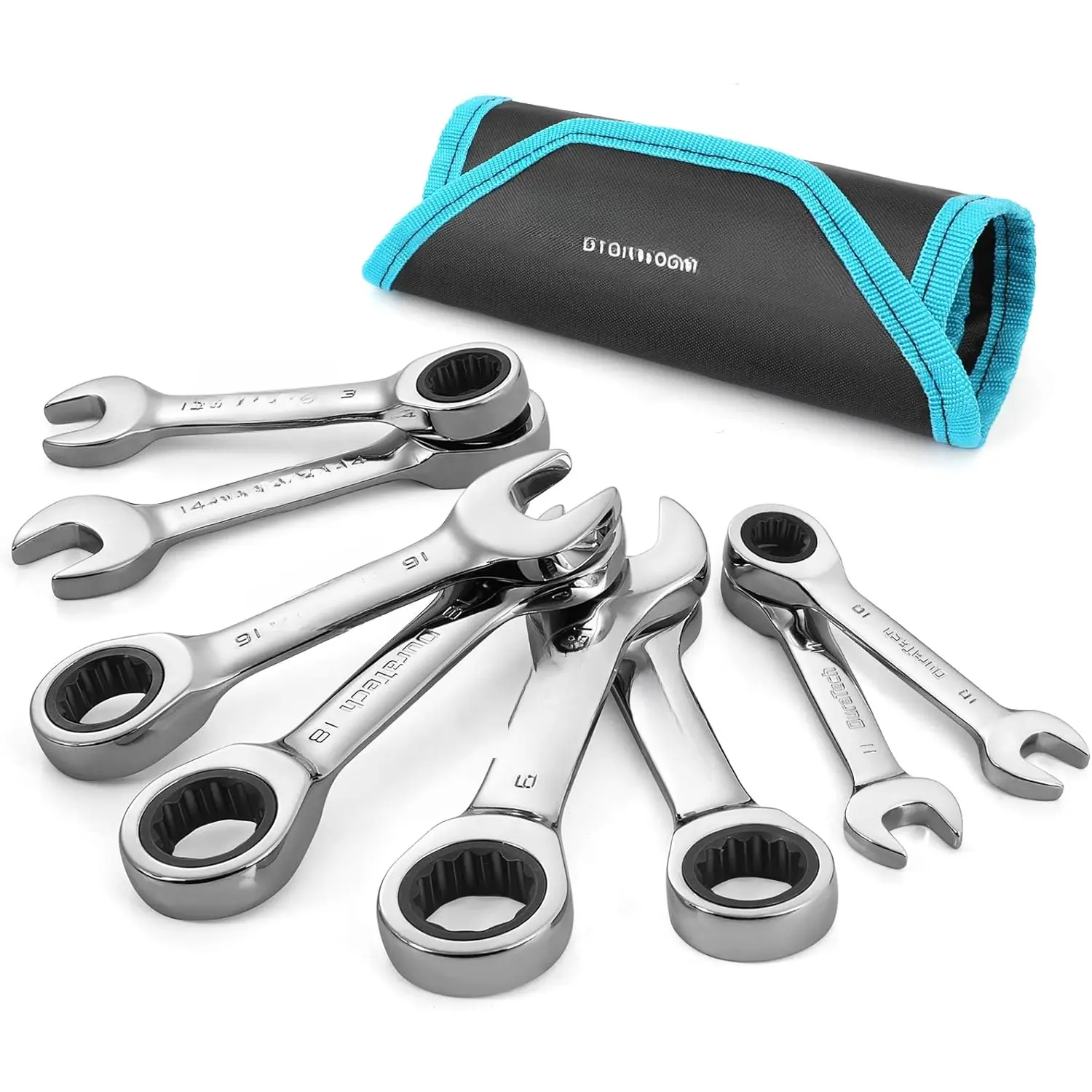 Stubby Ratcheting Combination Wrench Set, Metric, 8-, 10, 11, 13, 14, 16, 17, 18, 19mm, CR-V Steel, with Pouch