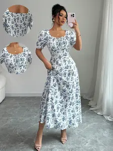 Elegant Women's Floral Print Square Neck Dress, Ruffle Hem and Sleeves, Perfect for Spring/summer, Stylish and Comfortable