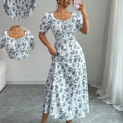 Women's Ditsy Floral Print Square-Neck Dress, Bohemian Daily Wear, Boho Style Dresses, Elegant Short Sleeves, Perfect for Spring/Summer, Stylish and Comfortable, Feminine Casual Dress, Boho Styles Fashion