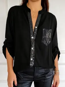 A women's black stylish sequin decorated long sleeved shirt with sequin elements, suitable for commuting to work, shopping and outdoor activities, indoor and outdoor dressing