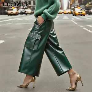 UOOZEE Women's 2025 Autumn Winter PU Leather Pockets High Waisted Straight Leg Ankle-Length Pants, Fashion High Street No Stretch Casual Trendy Ankle-Length Trousers Bottoms for Commuting(Smaller Waist Fit - Check Size Guide or Order One Size Larger)