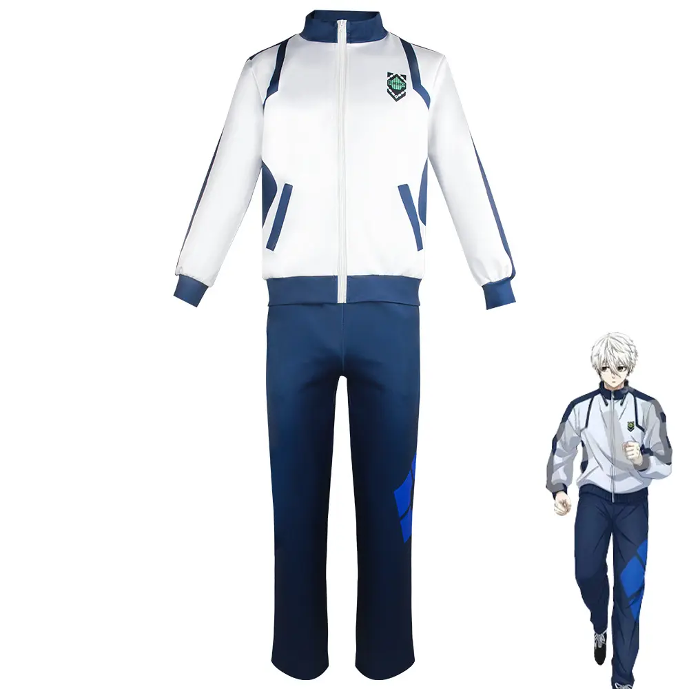 Men's Blue Prison Athletic Soccer Hoodie Jersey, Isagi Yoichi/Bachira Meguru Cosplay Costumes, Slim-Fit Zip Sportswear with Stripe Geometric Fabric Sleeves, Youth Special Occasion Wear, Menswear, Matching, Set, Blue Prison Hoodie + Pants
