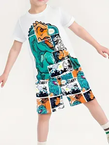 Teen Boys Dinosaur Print 3D Short Sleeve T-Shirt and Shorts Set, Casual Fashion Sport Round Neck Top