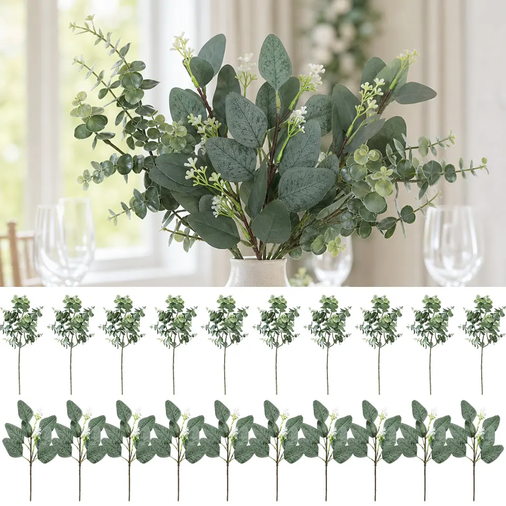 20Pcs Artificial Eucalyptus Stems – Oval Leaves with White Seeds, Greenery Spray for Vase, Wreath, Bouquet & Wedding Decor
