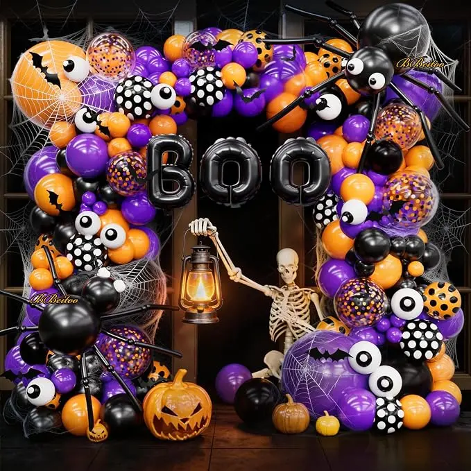 Halloween Balloon Garland Arch Kit 202PCS, Black Orange Purple Balloons with 3D Bats, Eyeballs & Spider Web, Halloween Balloon Arch Decorations for Haunted House, Indoor Outdoor Party Decor