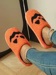 Women's Halloween Themed Cartoon Bat Face Design Slippers, Casual Soft Comfortable Home Slippers, Warm Slippers for Indoor & Outdoor Use for Fall & Winter, Footwear