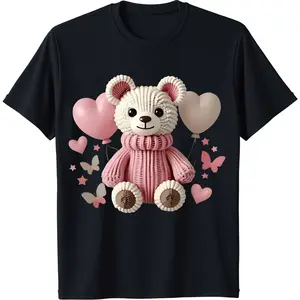 Women's Soft T-Shirt with Adorable Teddy Bear & Balloon Print – Short Sleeve, , Lightweight & Stretchy for Casual Attire, Casual Daily Wear  Girly Casual Style  Comfortable Fit Casual