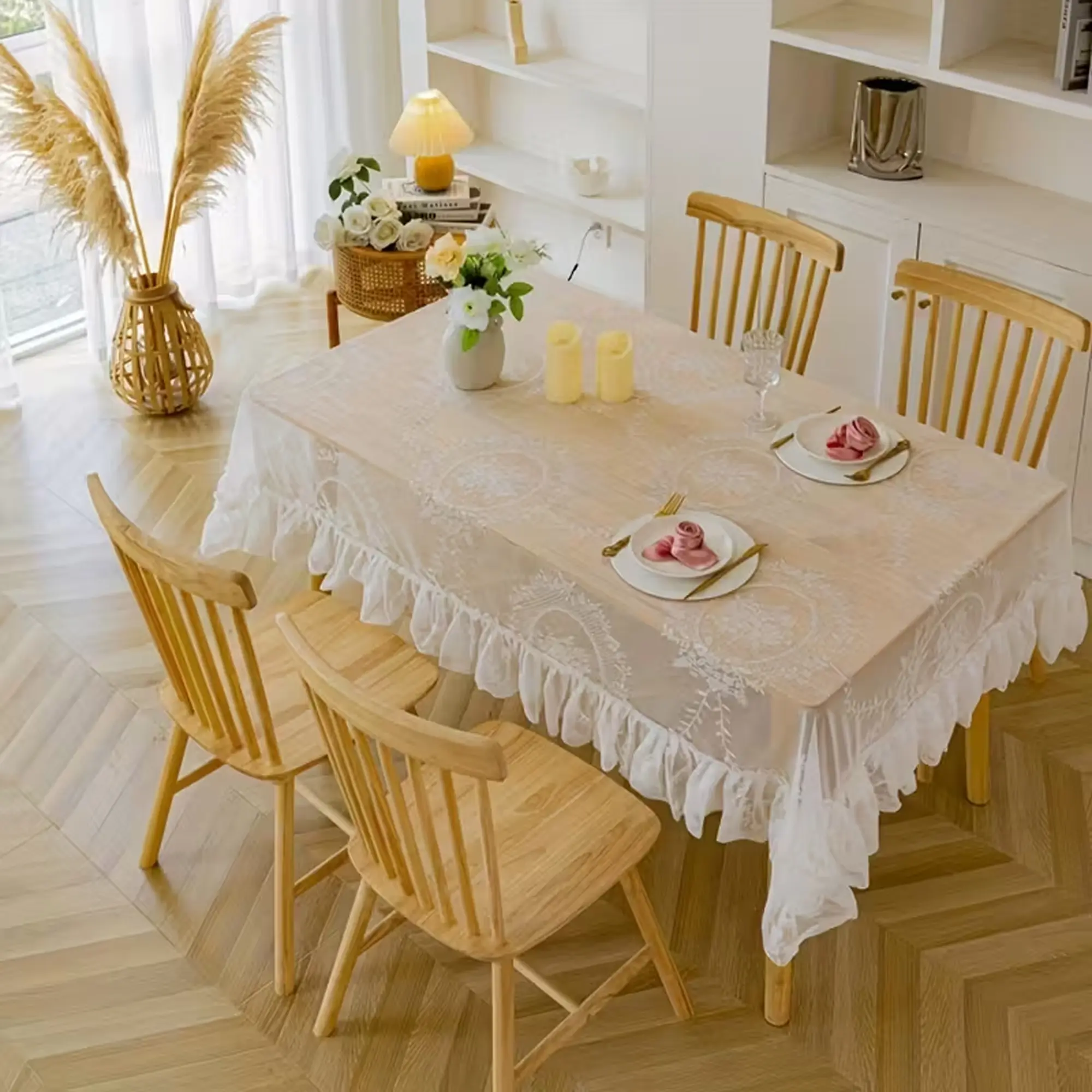 1pc Elegant Lace Hollow Out Tablecloth with Leaf Pattern, Frilly Ruffle Edges, Durable and Easy to Clean, Perfect for Kitchen & Dining Room