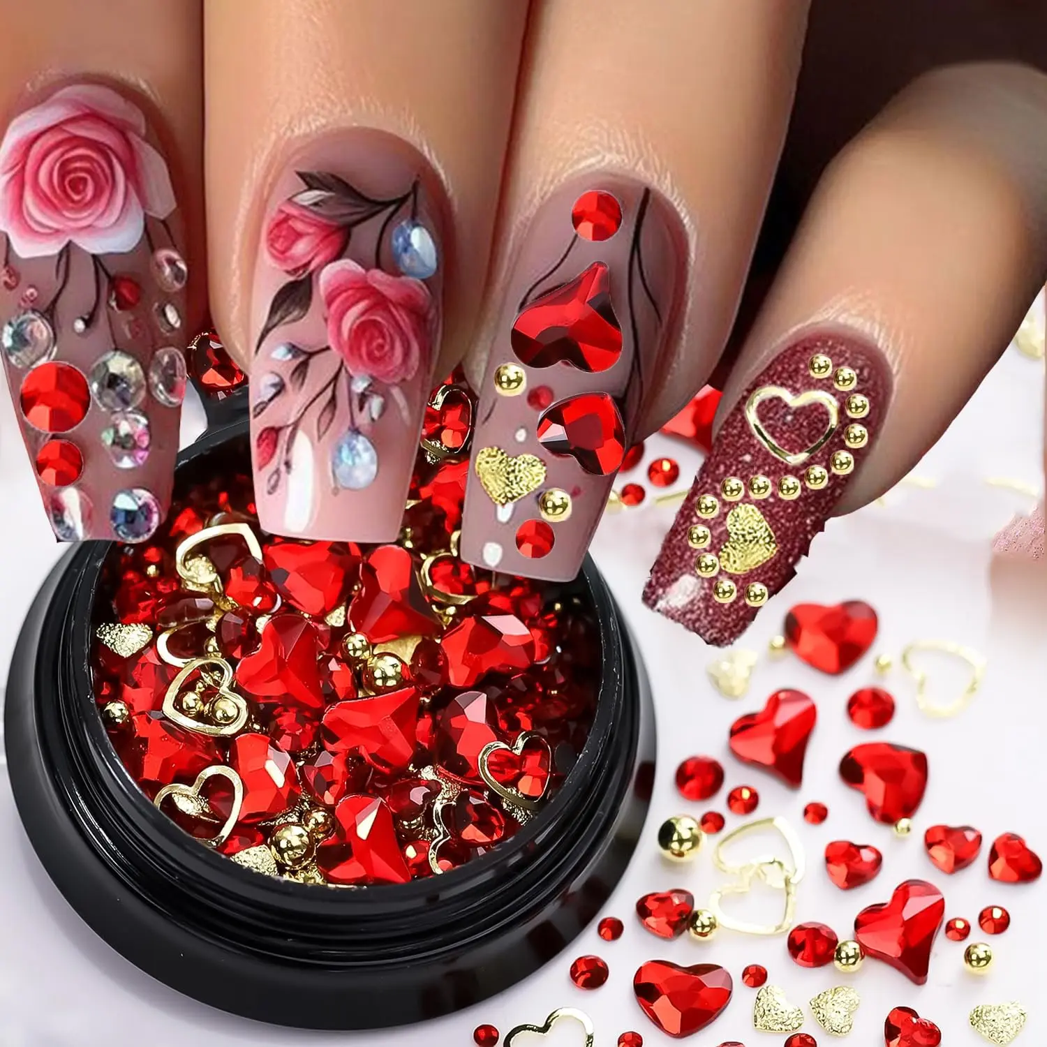 300Pcs Red Heart Nail Charms Diamond Nail Art Charms 3D Heart Rhinestone Charms for Acrylic Nails Crystal Diamond Heart Charms for Nail Jewelry DIY Crafts Nail Art Decorations Accessories