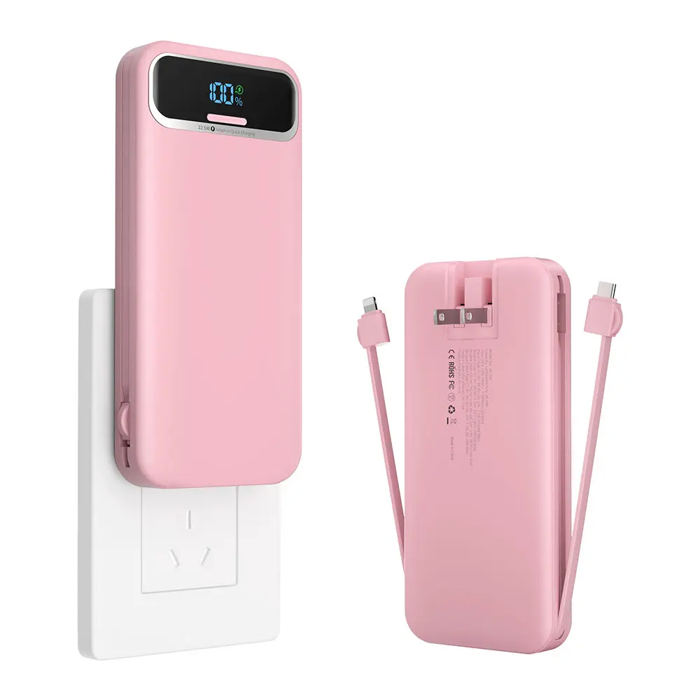 Portable-Charger Power-Bank with Built-in Cables & AC Wall Plug - 12000mAh PD 20W Fast Charging for iPhone,Android, USB-C,Rechargeable External Battery Pack for Cell Phone,Type C cords,Travel Black