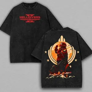 Helldivers 2 Fan Art Game Washed Tshirt 2 Sided Cotton Oversize unisex Black friday deal helldivers game shirt soft graphic tee Fabric Menswear Tops clothing merch ZDO