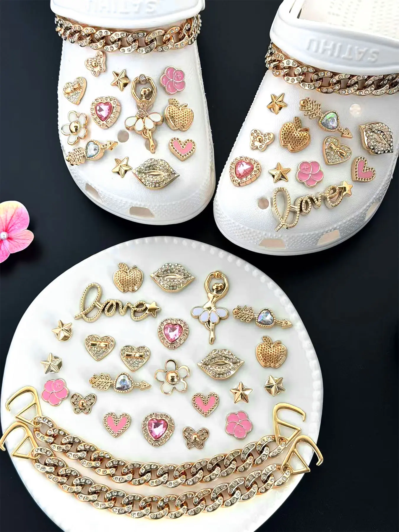 Rose Gold Rhinestone Shoe Buckle Set, Ballet Dancer Heart & Love Decor, Trendy Hole Shoes Accessories, Fashionable Footwear Accessory, Rhinestone Shoe Decoration, Sparkling Shoe Charms, Shoe Embellishment Set, Decorative Shoe Accessories