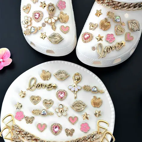 Rose Gold Rhinestone Shoe Buckle Set, Ballet Dancer Heart & Love Decor, Trendy Hole Shoes Accessories, Fashionable Footwear Accessory, Rhinestone Shoe Decoration, Sparkling Shoe Charms, Shoe Embellishment Set, Decorative Shoe Accessories
