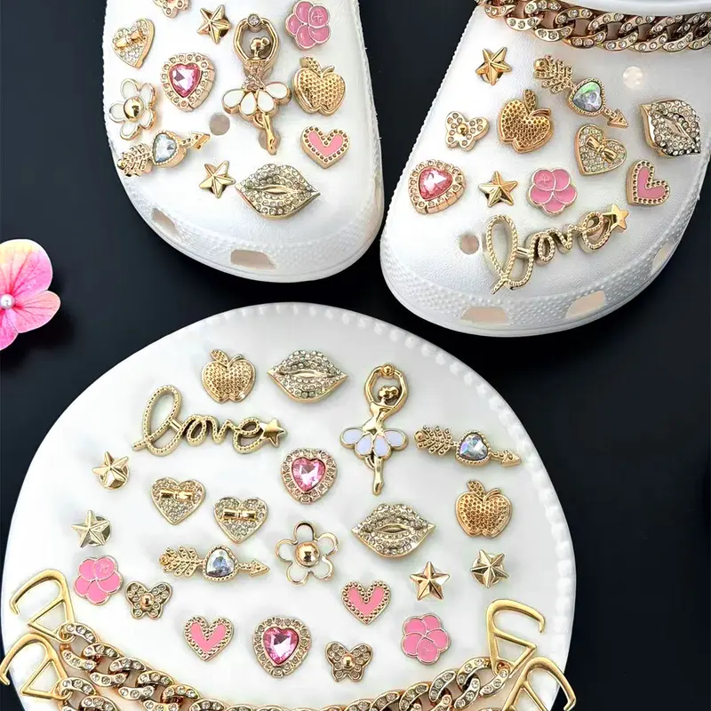Rose Gold Rhinestone Shoe Buckle Set, Ballet Dancer Heart & Love Decor, Trendy Hole Shoes Accessories, Fashionable Footwear Accessory, Rhinestone Shoe Decoration, Sparkling Shoe Charms, Shoe Embellishment Set, Decorative Shoe Accessories