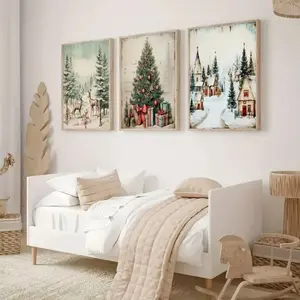 3pcs Wooden Frame Snowy Cabin Scene Deer Print Christmas Holiday Decor, Rustic Farmhouse Vintage Nature Poster Set