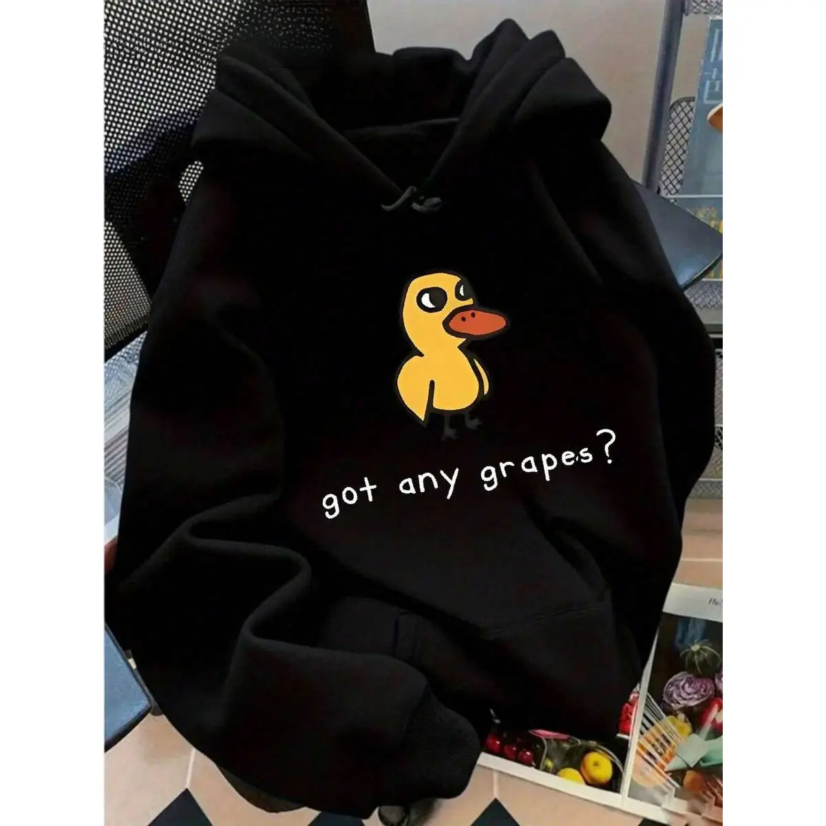 Unisex "Got Any Grapes?" Duck Graphic Hoodie - Comfortable Pullover Sweatshirt in a Soft Cotton Blend with a Kangaroo Pocket for Everyday Streetwear Style, Tops, Apparel, Longsleeves, Breathable, Duck Logo Graphic Men's Hoodies, Playful Men's Hoodies