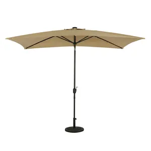 212 MAIN Nassau Rectangular Market Umbrella - 6.5x10 ft Large Outdoor Modern Protective Sun Solar Panel Illuminated Umbrella, 6 Ribs, Steel Frame, Hand Crank, Push-to-Tilt, LED Lights, Champagne Breez-Tex Fabric, Large Outdoor Umbrellas, Modern Umbrellas