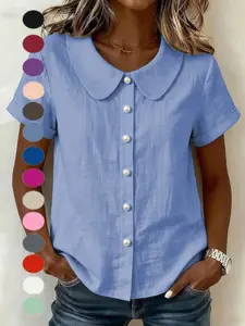 2026 Summer Women's Solid Color Short Sleeve Casual Loose Cotton Linen Peter Pan Collar Shirt, European and American Style, Cross-Border Independent Store