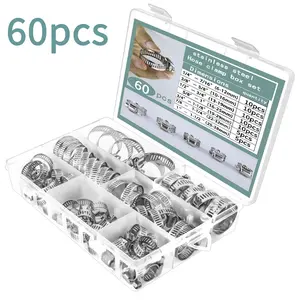 Stainless Steel Hose Clamps Set 60 Pieces, Adjustable 1/4 Inch - 1-1/2 Inch, Worm Gear Metal Fuel Hose Clips for Pipes, Cars, Machinery, Garden, Water Hose
