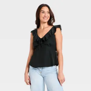 Women's Ruffle Sleeve Lace Blouse - Universal Thread Black XS