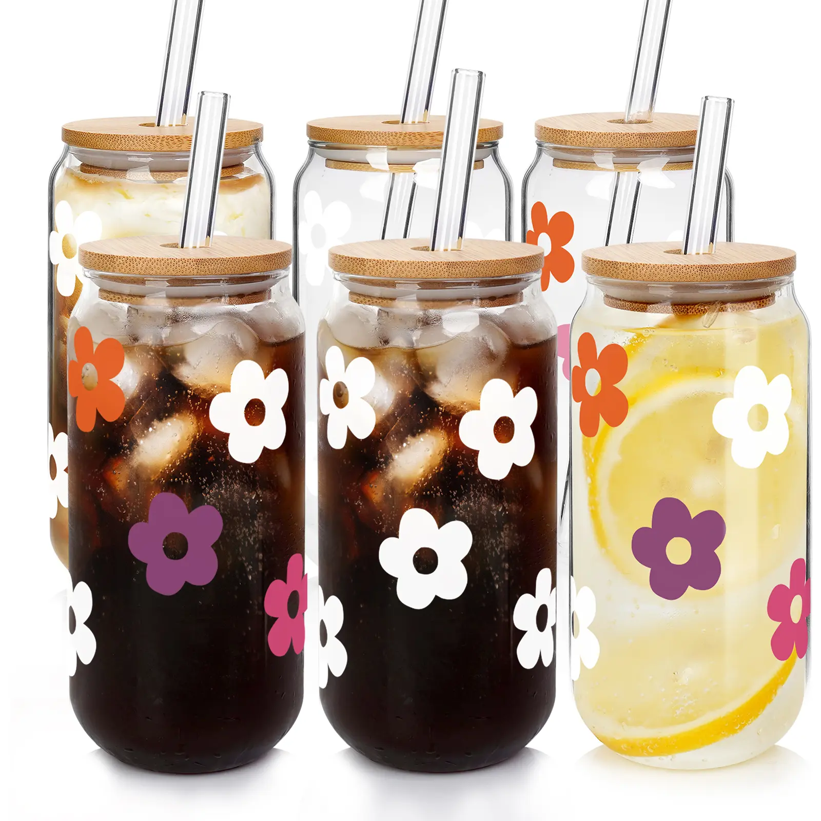ANOTION  Summervibes  Gift for her 20oz Glass Cups with Lids and Straws, Iced Coffee Smoothie Cup,  Tumbler Cute Glass, Reusable Drinking Glasses -Set of 6