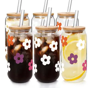 ANOTION  Gift for her 20oz Glass Cups with Lids and Straws, Iced Coffee Smoothie Cup,  Tumbler Cute Glass, Reusable Drinking Glasses -Set of 6