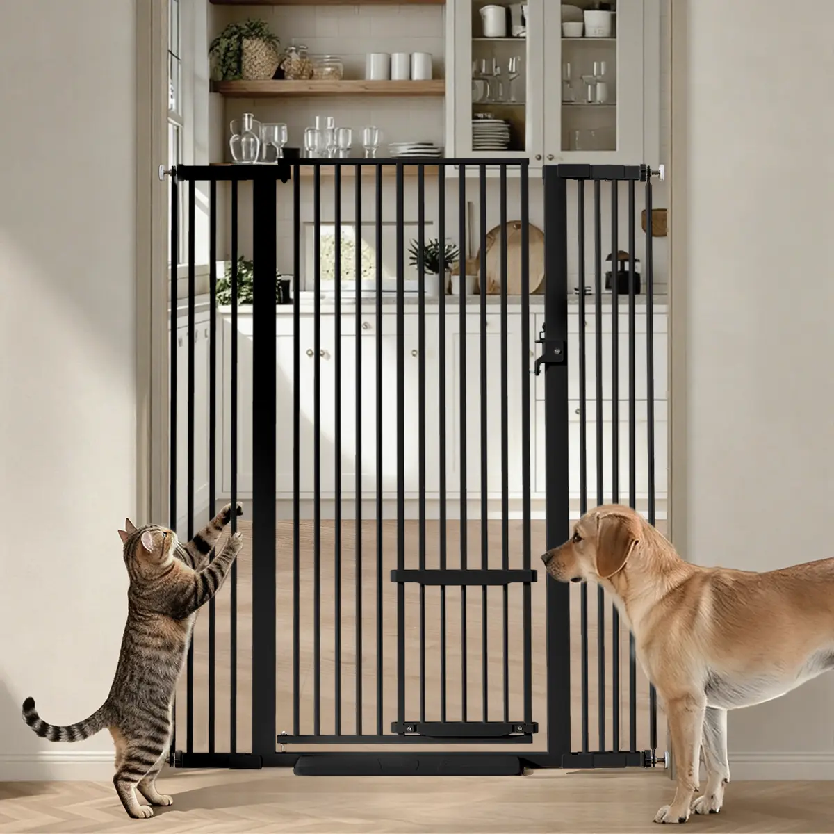 BIOBY 29.5-43" Extra Wide Cat Gate, 55.1" Extra Tall Pet Gate with Adjustable Cat Door, Pressure Mounted Easy Walk Through Pet Gate with Door for Stairs, Doorways, Kitchen, Pet Valentine's Day, Black, dealsforyou, summerwins, restock, dealsforyoudays,DFYD