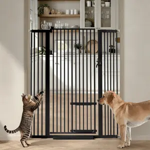 BIOBY 29.5-43" Extra Wide Cat Gate, 55.1" Extra Tall Pet Gate with Adjustable Cat Door, Pressure Mounted Easy Walk Through Pet Gate with Door for Stairs, Doorways, Kitchen, Pet Valentine's Day, Black