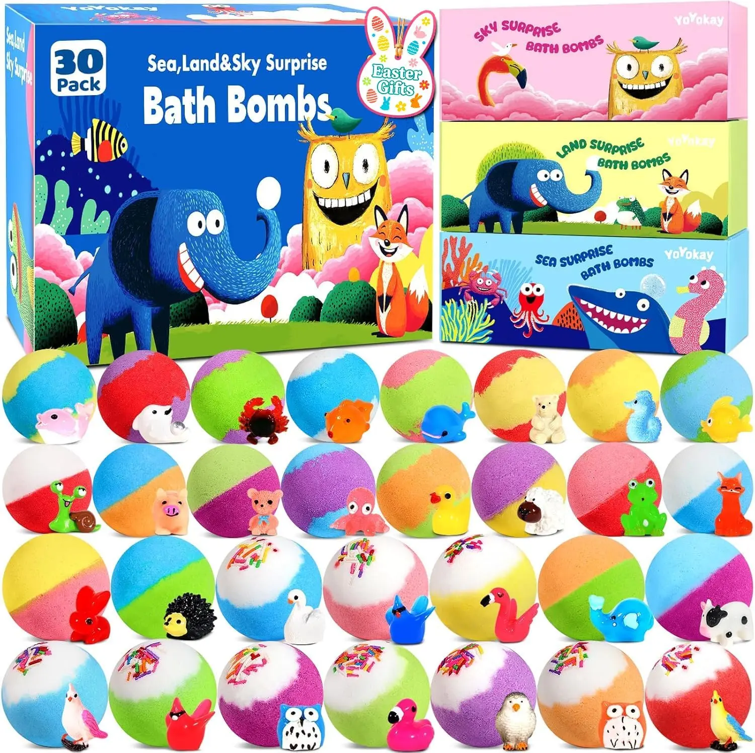 30 Pack Bath Bombs for Kids with Toys Inside, Kids Bath Bombs Gift Set with 30 Sea & Land & Sky Animal Surprise Toy, Bubble Bath Toys, Easter Gifts for Kids Boys Girls, Easter Basket Stuffers