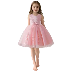 Girls Princess Dress Lace Mesh Flower Girl Wedding Stage Runway Sleeveless Midi Crew Neck Embroidered Tie Back Flared Hem All Season Non Stretch Formal Dresses