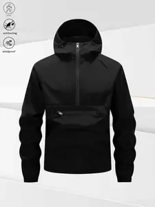 Men's Hooded Half Zip Jacket Simple Outdoor Style with Hood Design, Comfortable Fit, Easy On and Off with Half Zipper, Chest Pocket for Small Items, Sleek Silhouette, Perfect for Lightweight Activities like Camping and Urban Commuting, Suitable for Men