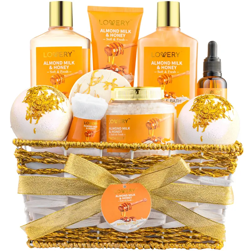 Lovery Spa Gift Basket for Women – Honey & Almond Milk Scented – Bath & Body Set with Bath Bombs & Shower Steamer Cleanser – Christmas, Birthday, Mom Gift – Pamper Self Care Cleansing Kit (10 pieces)