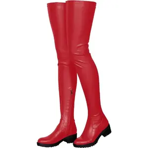 WCW- Knee High Boots Women Thigh High Over Knee Stretch Fashion Low Chunky Heel Round Toe Zipper Winter Boots Black Red US4.514