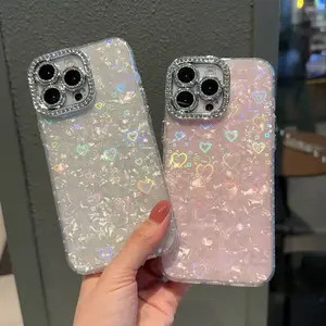 Shell Pattern Bling Phone Case With Sparkling Diamond Camera Lens, Luxury Protective Cover Compatible With Smartphones 13-17 Pro Max