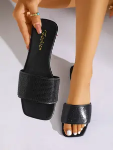 Full Rhinestone Square Toe Sandals, Flat Slip-Ons, 2026 Summer New Arrival, Casual Office Shoes, Versatile Footwear, Footwear Strap Slides, Glitter Design Slides
