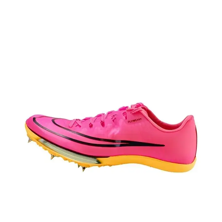 Neon pink black color block professional sprint track spikes, performance unisex hype street kicks, lightweight mesh upper, black curved side graphic, yellow foam midsole, metal spike outsole, lace-up closure, low profile design, track and field