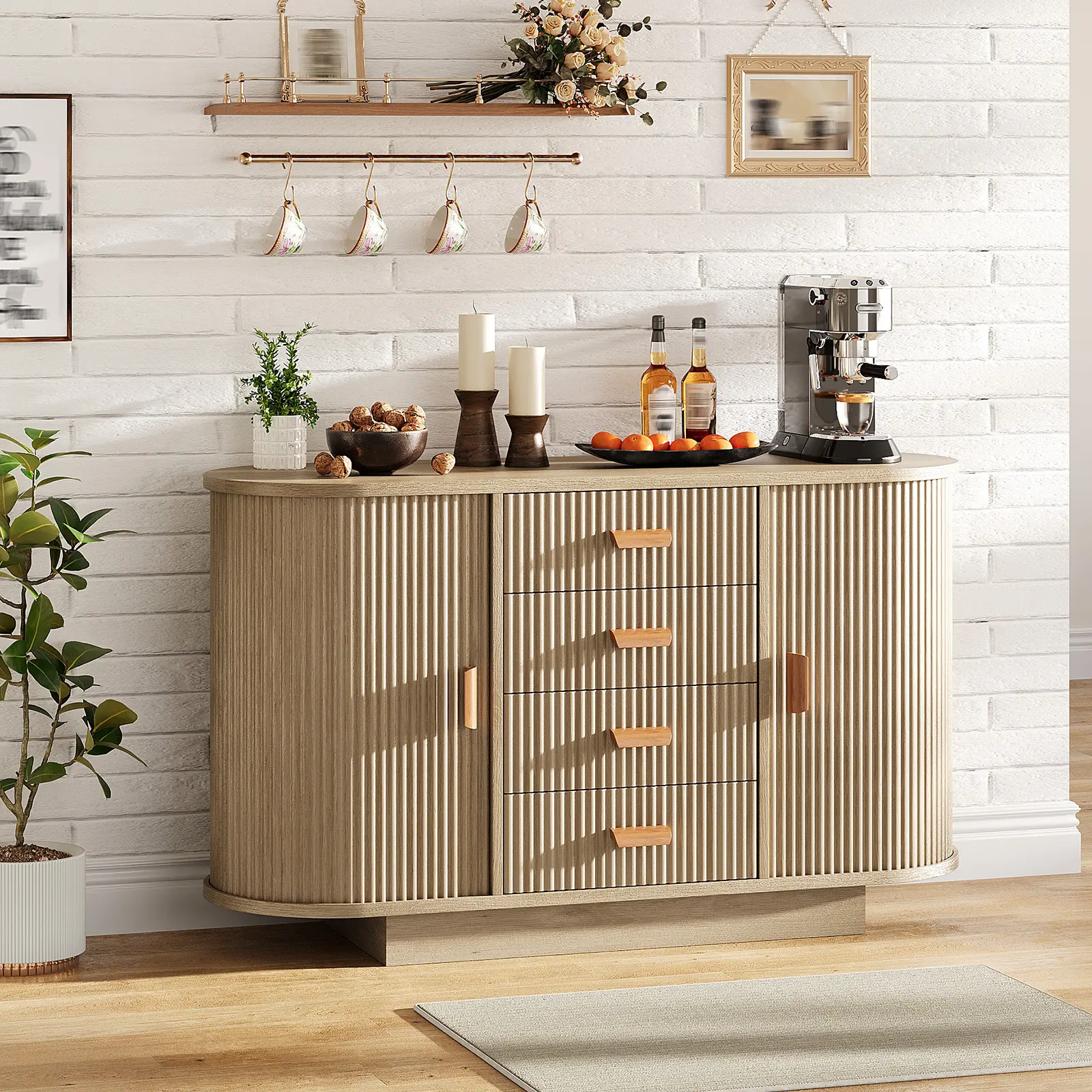 47" Fluted Buffet Cabinet with Tambour Doors - Modern Oak Sideboard with 4 Drawers & Sliding Doors, Multi-Functional Coffee Bar Cabinet for Kitchen & Living Room