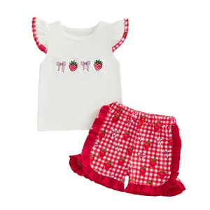 Baby Girl Summer Clothes Strawberry Toddler Birthday Outfit Bow Short Sleeve Shirt Tops Ruffle Shorts Set 12M 18M 2T 3T 4T, Plaid