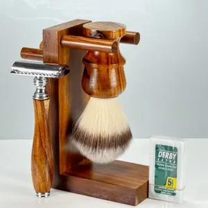 Handmade Double-Sided Safety Razor Grooming Shaving Set for Men women Vegan Synthetic Hair Brush Wood Handle - Best Gift for Gentleman -3PC Gift Set Kit