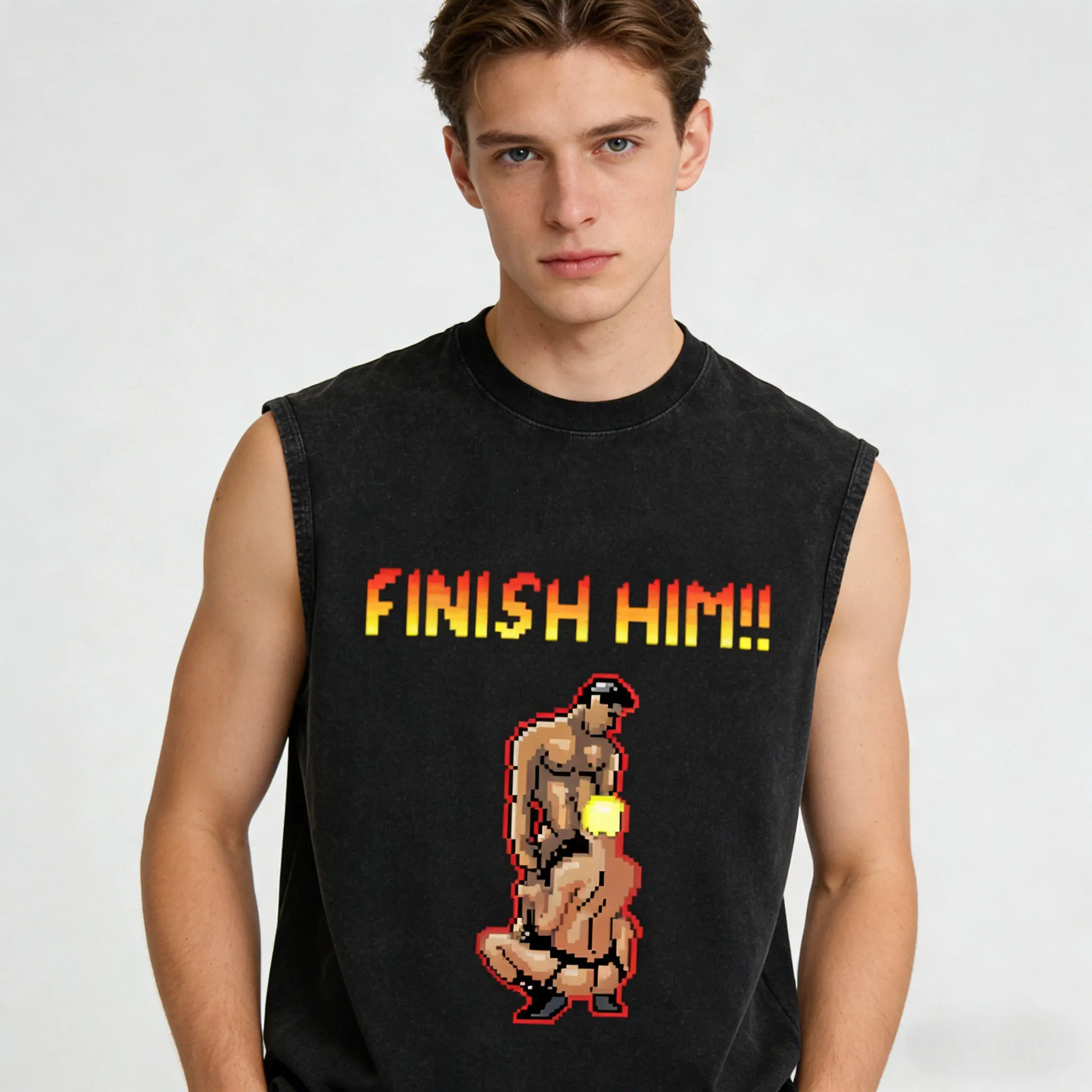 "FINISH HIM!!" Retro Mortal Kombat Pixel Art Tank Top, Funny Video Game Graphic Sleeveless Shirt, Unisex Cotton Casual Top for Men and Women, Gamer Streetwear,back to school,back to school shopping