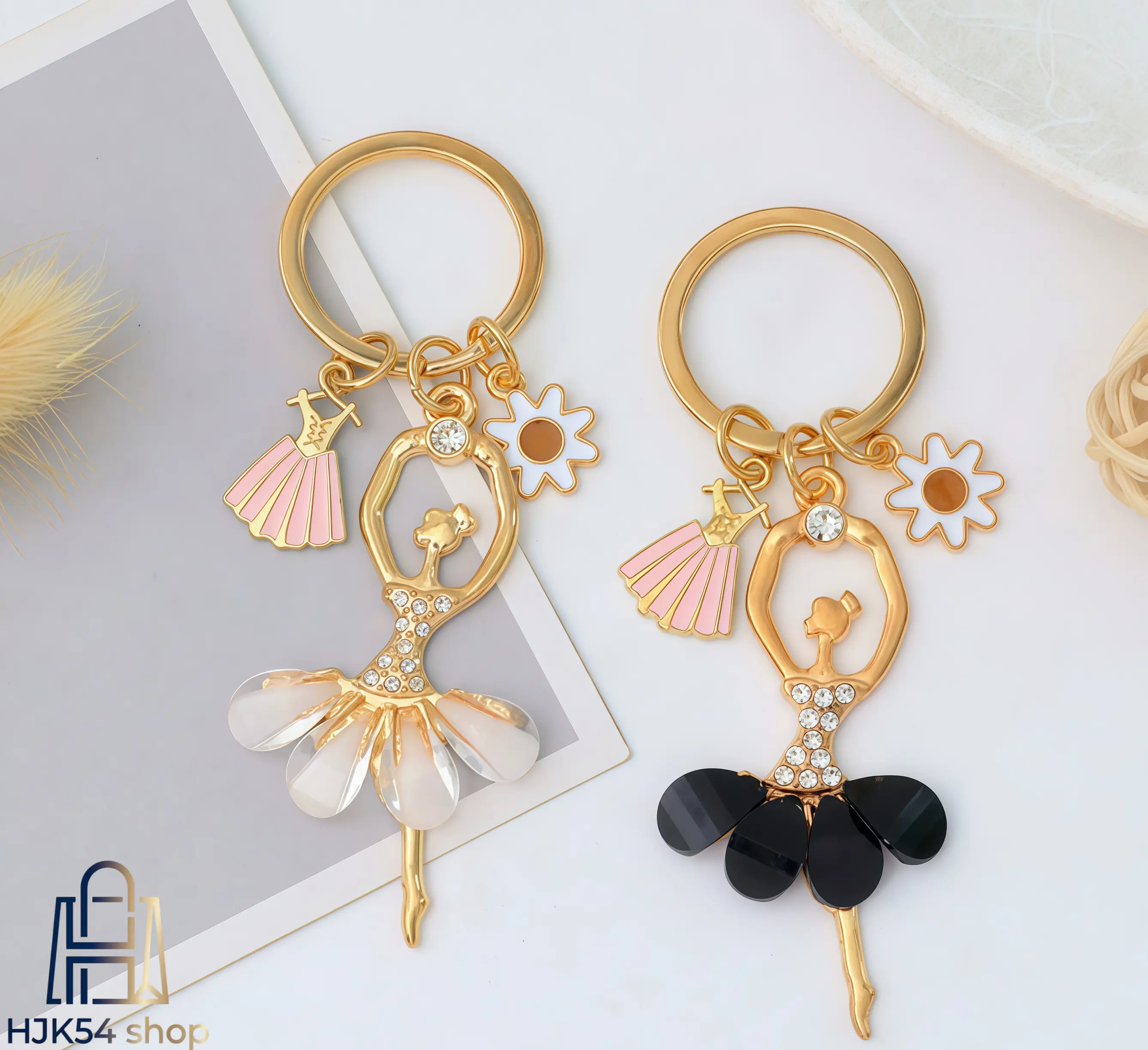 Ballerina Beaded Keychain - Gold-Plated Rhinestone Charm, Crystal Skirt, Floral Enamel Detail, Boutique Style, Kawaii Dopamine Fashion Costume Jewelry Accessory for Backpack, Purse, Ideal Gift for Ballet Lovers, Kawaii Accessories, Dopamine Accessories