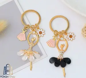 Ballerina Beaded Keychain - Gold-Plated Rhinestone Charm, Crystal Skirt, Floral Enamel Detail, Boutique Style, Beaded Charms Keychain for Backpack & Purse, Ideal Gift for Ballet Lovers, Ballerina Beaded Keychains, Beaded Charms Keychains