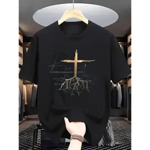 Men's "Rooted in Christ" T-Shirt - Breathable Crew Neck Short Sleeve with Religious Print, Machine Washable Faith Apparel Suitable for Church, Study & Casual Attire, Neutral Color Comfortable Fabric