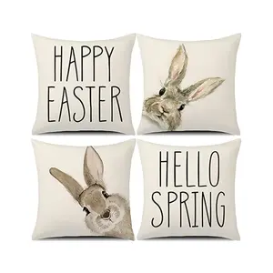 Rural style pillowcase, Easter bunny design, "Happy Easter" and "Hello Spring" text, suitable for rural style decoration in various rooms 18x18 inches