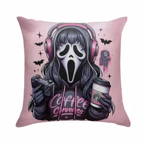 Horror Gamer Girl Pillow Cover (No Insert) Coffee Headphones Art Print Design Soft Durable Decorative Cushion Case Perfect for Living Room Bedroom Gaming Room Halloween Party and Gift Décor