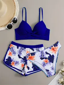 Women's Summer Floral Crossback Swimwear Set, Criss Cross Swimsuit, Fitted High Waist Bikini Bottoms, Casual Beachwear, Three-Piece Swimsuit