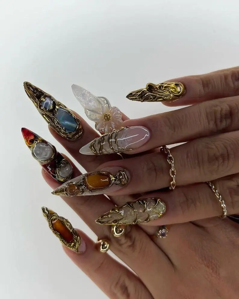 Luxury Handmade Stiletto Press On Nails with 3D Gemstone & Gold Sculpted Design  Extra Long Fantasy False Nails  Reusable Acrylic Nail Set for Women Party, Wedding & Cosplay