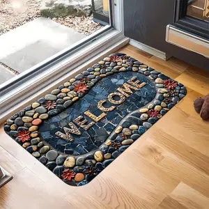 Stone Carved Welcome Mat – Non-slip, washable, printed with the word "Welcome," rustic style decoration, suitable for home entrances, made of polyester, easy to clean, front door welcome mat