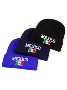 MEXICO Letter Knitted Beanie for Men and Women, Winter Warm Stretchy Streetwear Hat, Beanie Fitted
