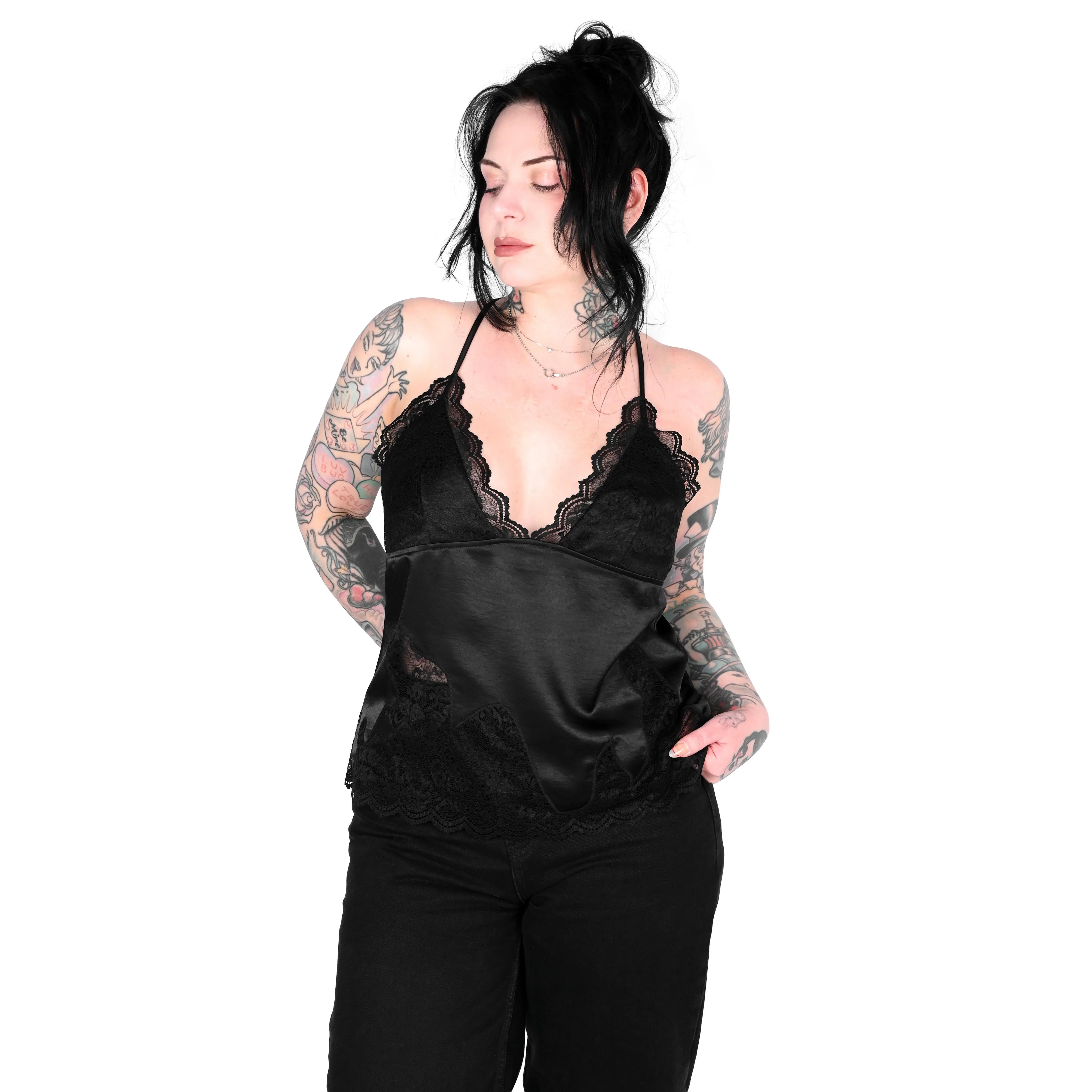 Satin and Lace Black Strappy Tank Top